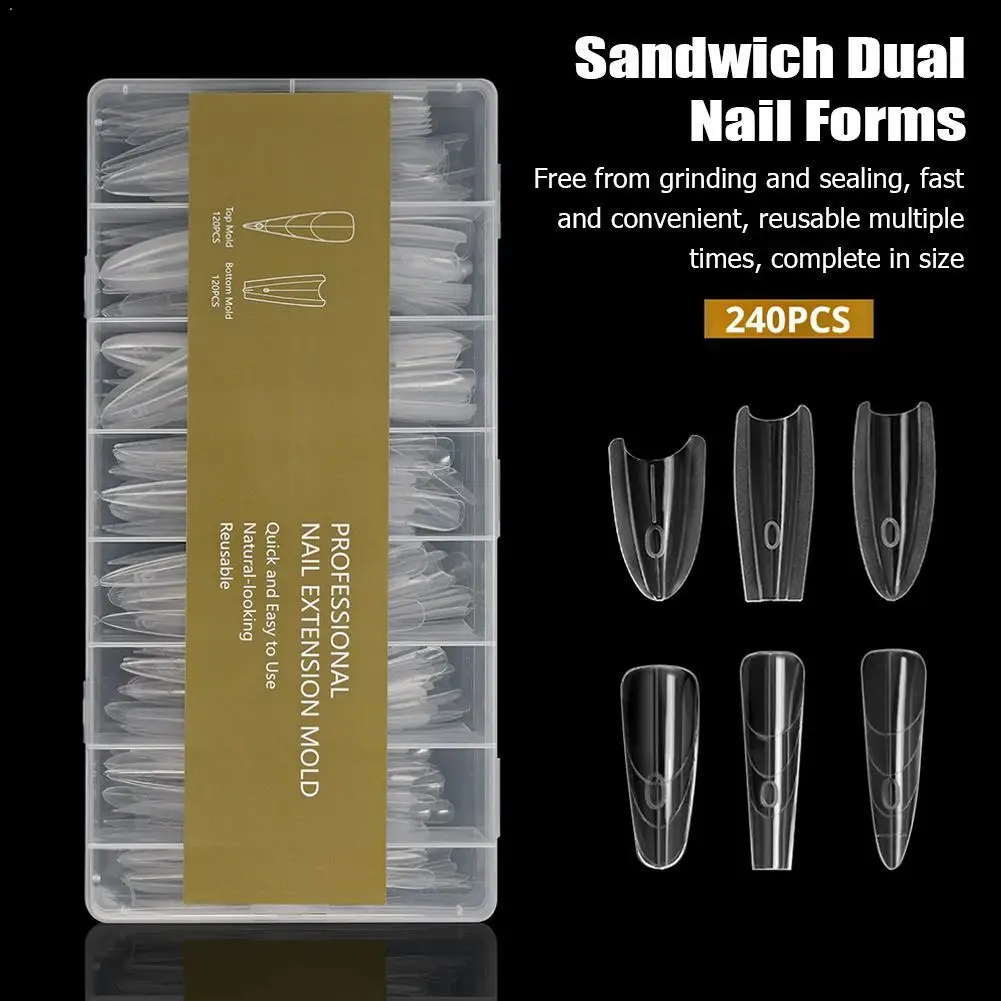 

240 шт. двойных форм для наращивания ногтей полигелем, с рельефным дизайном, топ-формы для полного покрытия, инструмент для наращивания ногтей гелем
