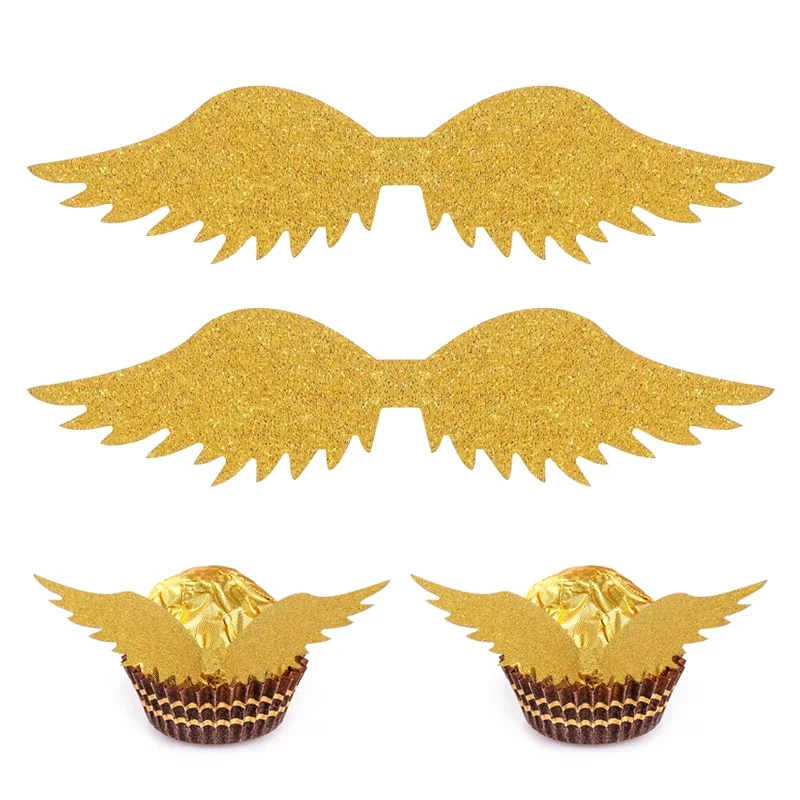 50Pcs Gold Wings Cake Toppers Chocolate Top Decoration Golden Wings Cupcake Toppers with Glue Point Dots for Party Birthday