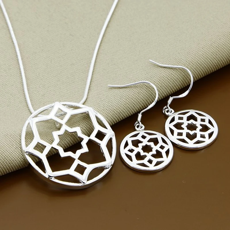 

Charm 925 Sterling Silver Round Flower Earring Necklace Set For Woman Man Wedding Engagement Jewelry Gifts