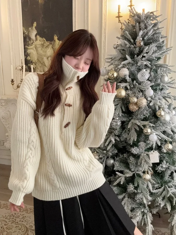 

Вязаный свитер-кардиган большого размера для женщин, осенне-зимний, свободный, универсальный, с высоким воротником, длинными рукавами, цветной