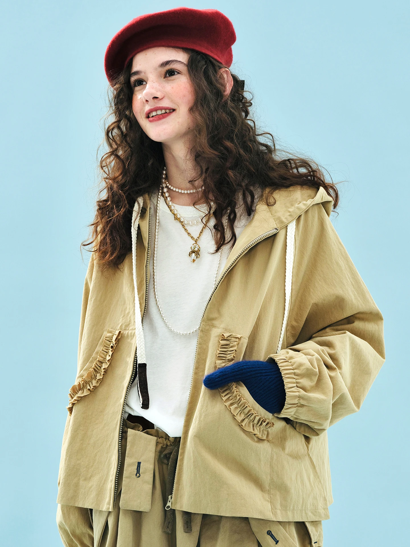 

imakokoni 2025 Autumn Khaki Hooded Jacket American Retro Printed Cardigan Cotton-Nylon Twill Washed Top 255212