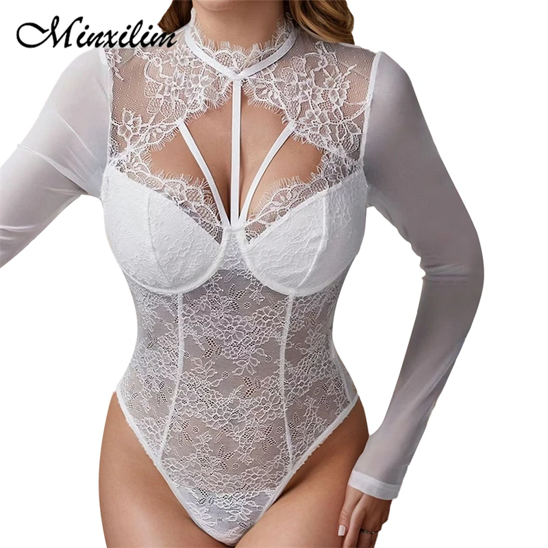 Minxilim ملابس مثيرة للنساء عميق الخامس الرقبة طويلة الأكمام الدانتيل أعلى محدد شكل الجسم الإناث ارتداءها يمكن ارتداؤها في الخارج