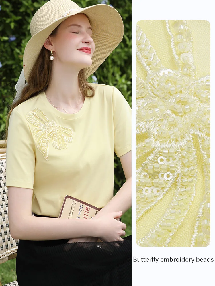 I BELIEVE YOU Yellow Bow Bead Embroidered Short Sleeved T-shirt Top for Women Summer 2025 Solid Round Neck Casual Tee 2252015981
