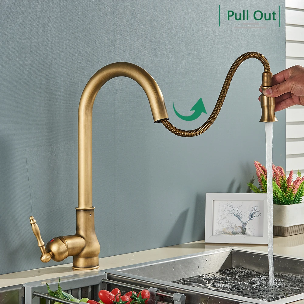 Antique Brass Pull Out Kitchen Basin Faucet Hot & Cold Water Single Handle Mixer Crane Rotation Kitchen Mixing Tap sink Taps