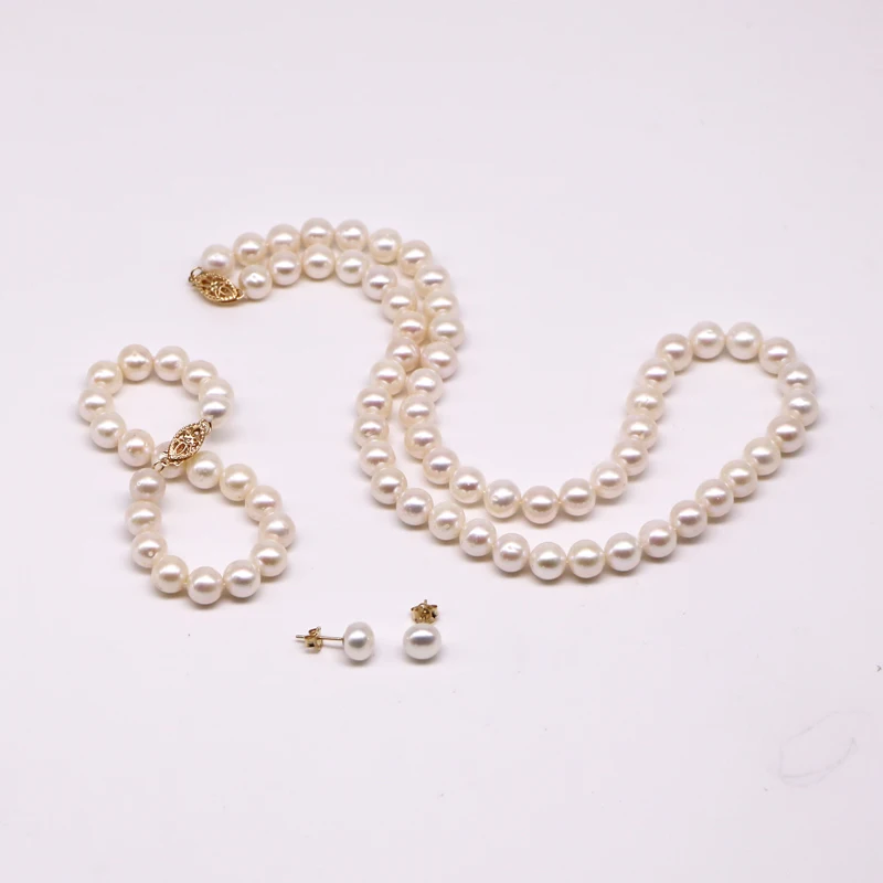 HOOZZ.P AA 7-8mm Pearl Sets For Bride Cream White Necklace Bracelets Earrings Original Cultured FreshWater Jewellery For Women