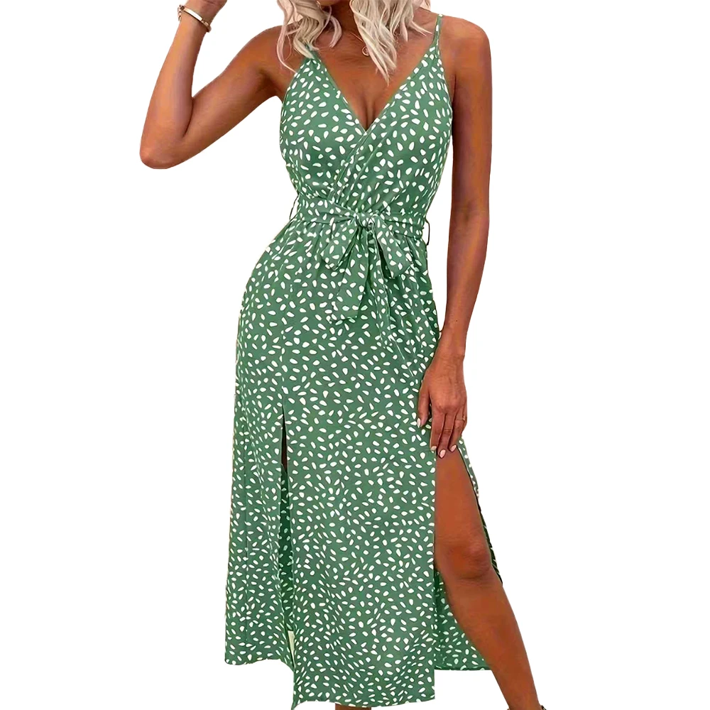 Robe d'été élégante pour femmes, imprimé tacheté, Design fendu, col licou, avec maintien de la taille, à la mode