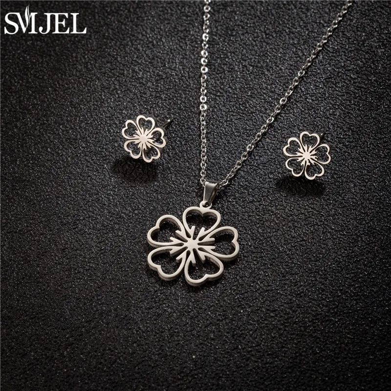 SMJEL Stainless Steel Lily Flower Necklace Women Girls Golden Jewelry Sets Trendy Datura Cherry Blossom Earrings Wedding Gift