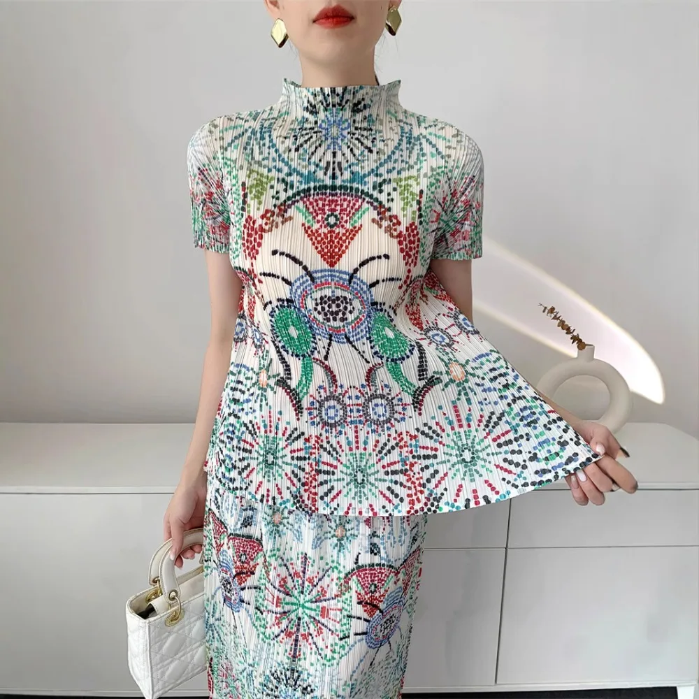 Miyake Pleated Dress Set 2025 Summer New Pleats Print Bustier Dress  Plus Size Women's Loose Fold Party Dresses Original Design