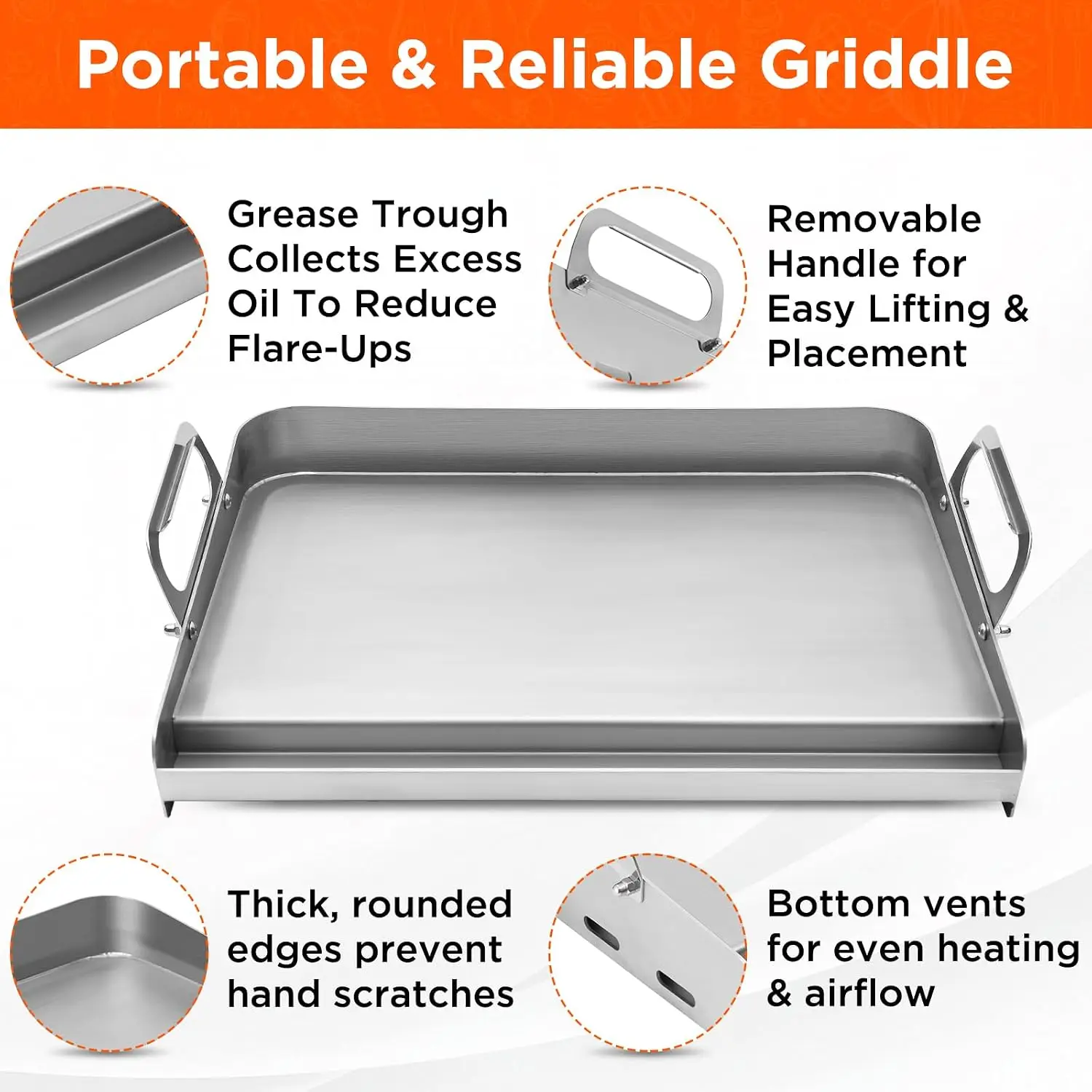 23"x16" Stainless Steel Flat Top Griddle for Gas & Charcoal Grills, Universal for Outdoor Cooking, with Grease Groove & Removable Handle view 3