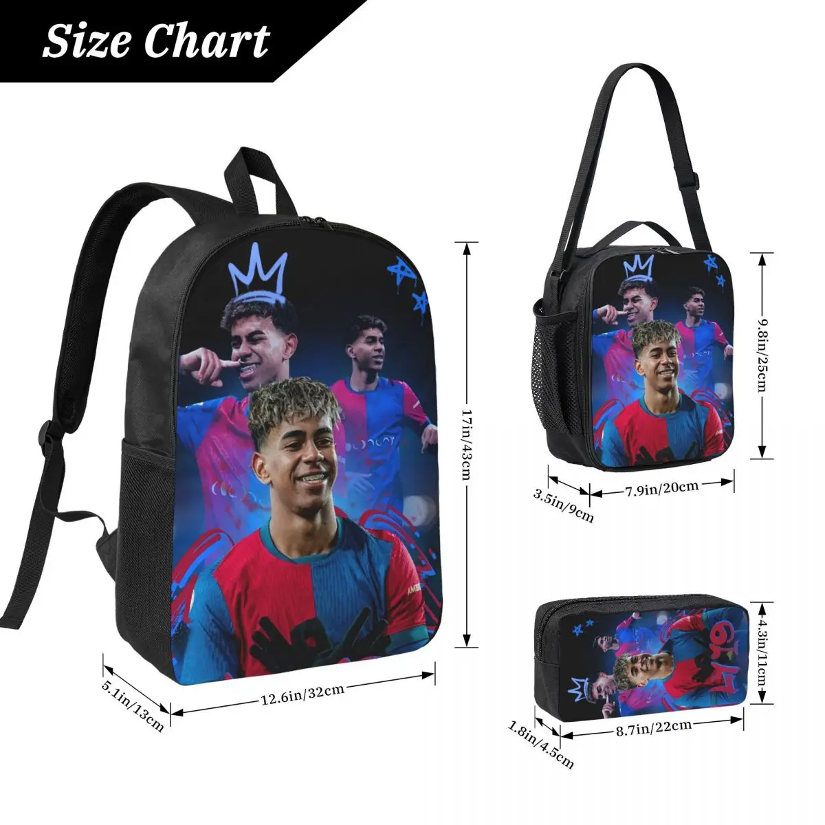 3pecs/set Soccer Number 19 Lamine Y-Yamal Backpack for Student  High School Shoulder Bag Lunch bag Pencil Case view 3
