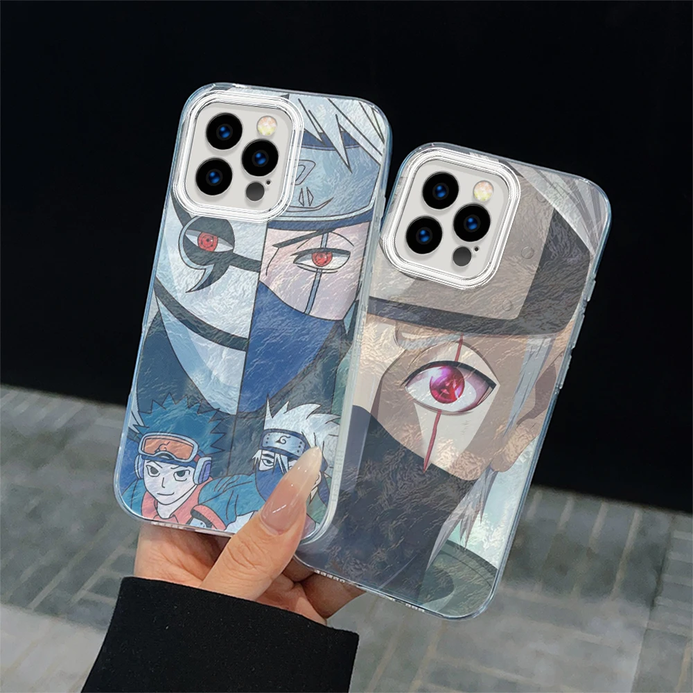 For iPhone 11 12 13 14 15 16 Pro Max Plus Glacier Chiffon Texture Silver Plated Clear Frame Case SS230 Naruto Cartoon Design