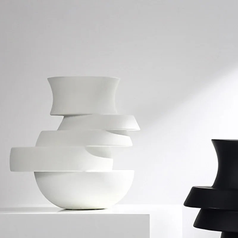 Modern minimalist black and white stacked vase ornament, living room dried flowers light luxury bonsai