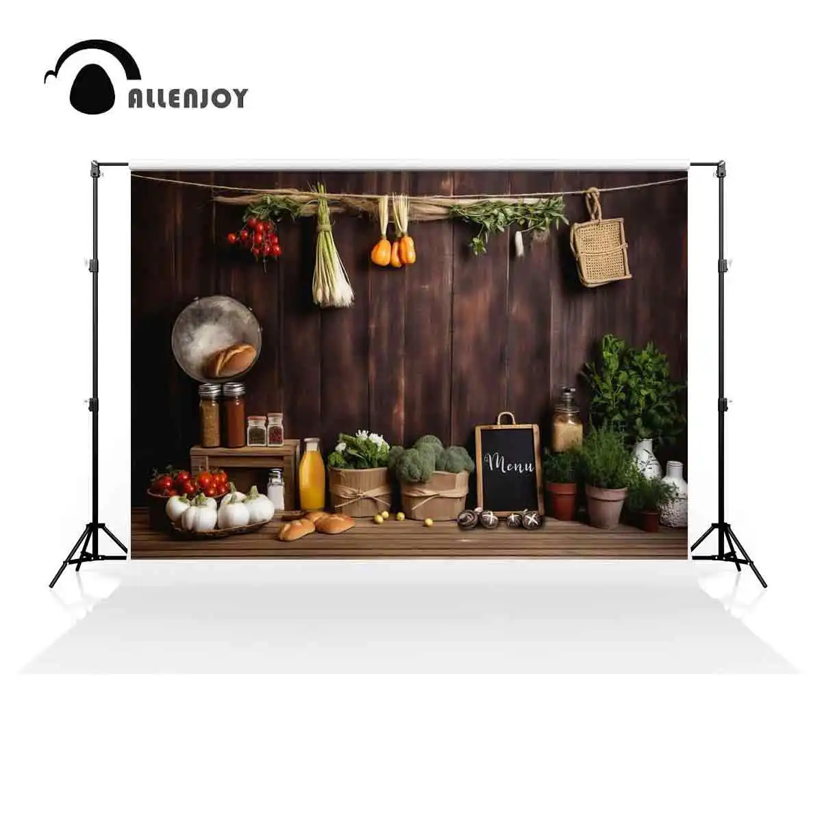 Allenjoy Kitchen Fruits Vegetables Wooden Wall Backdrop