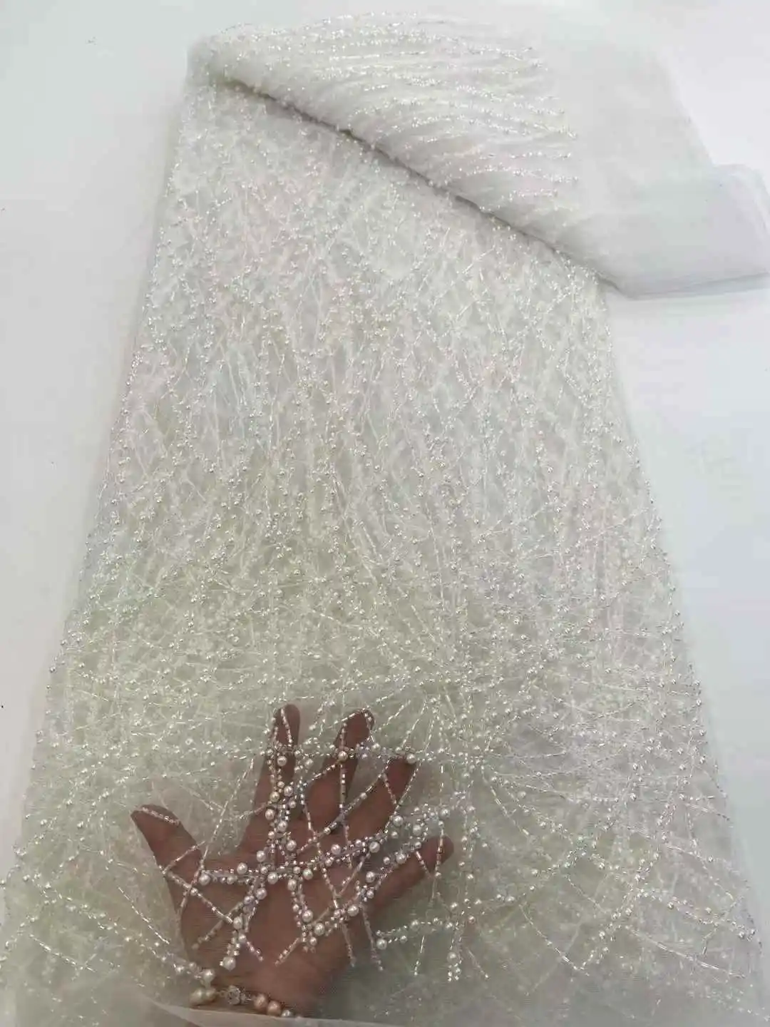 

2025 New African French Nigerian High End Lace Fabric With Beads Sequins Mesh for Embroidery Wedding Party Bride Sewing Dress