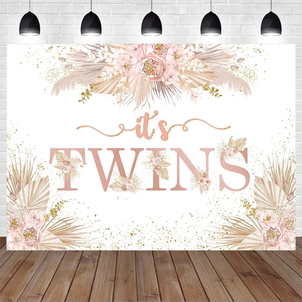 Mocsicka It's Twins Bohemian Baby Shower Backdrop Girl Birthday Pink Boho Flowers Pampas Grass Photography Background Photoshoot