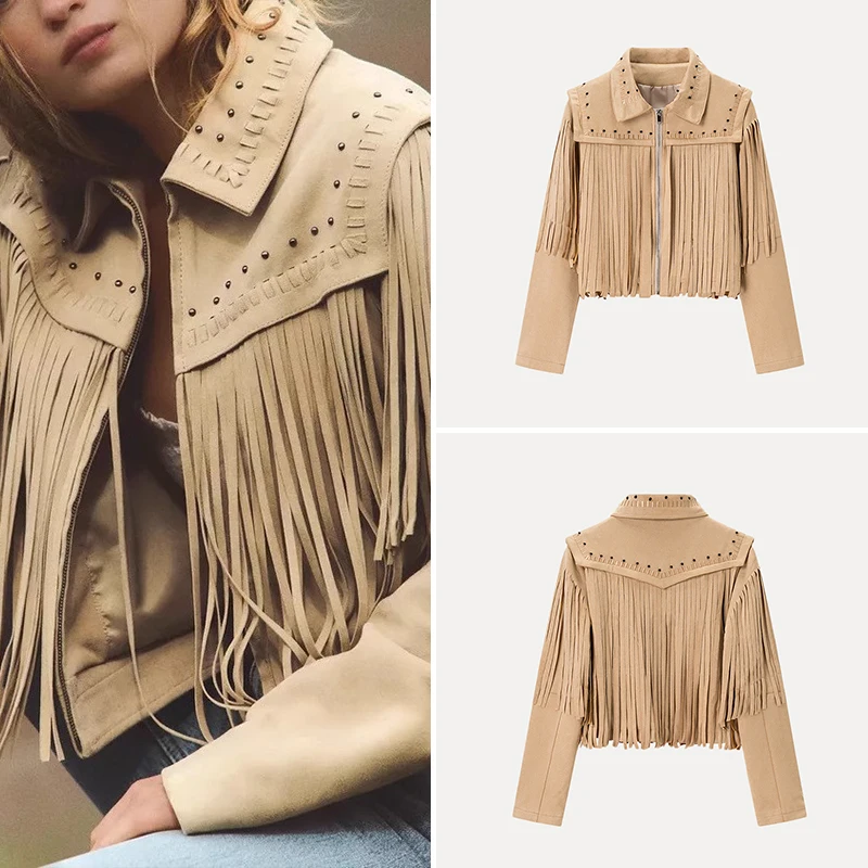 Fashionable Suede PU Jacket Women's Spring Summer New Arrival Tassel Trimmed Outerwear Elegant Commute Style Zipper Closure