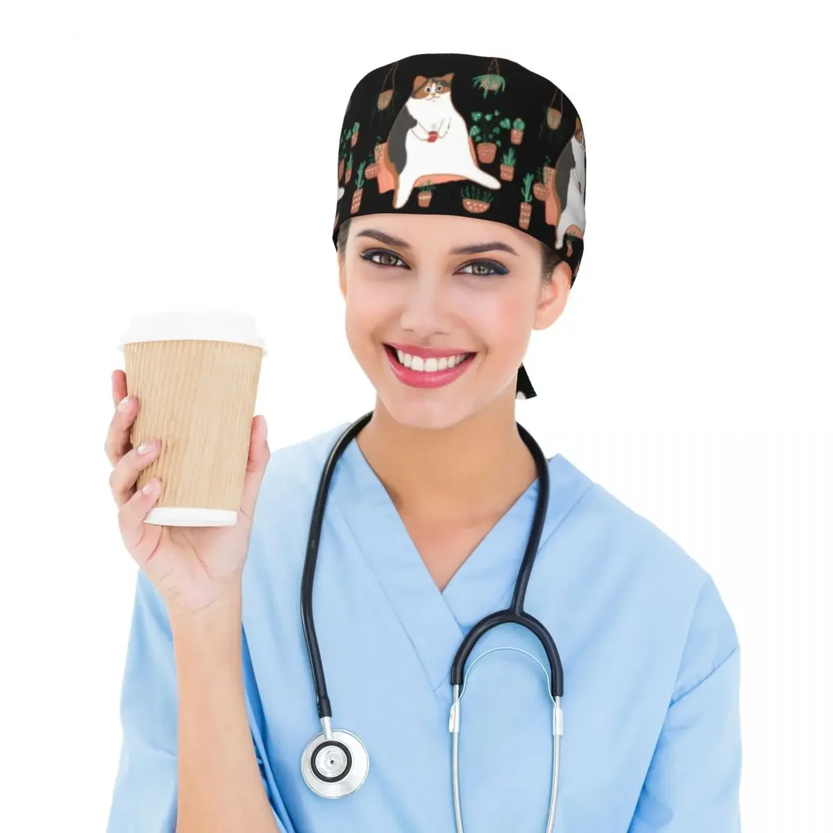 Calico Cat With Pot Plants Cat For Mom Scrub Hat Doctor Working Surgical Cap Unisex Adjustable Nursing Caps for Dentist