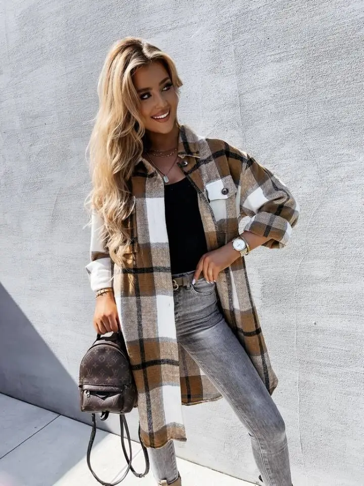 Women's New Europe and America wind straight tube Single-breasted buckle pattern long-sleeved women's Long Plaid tops Shirt