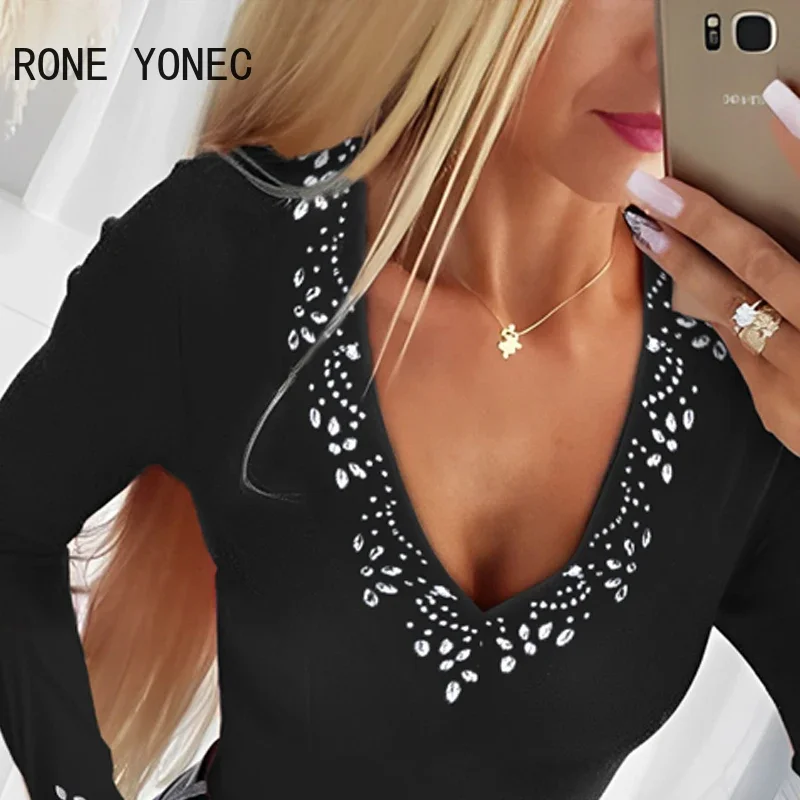 Women Chic Basics Rhinestone Decoration V Neck Long Sleeves Basics Blouse Knitting Tops