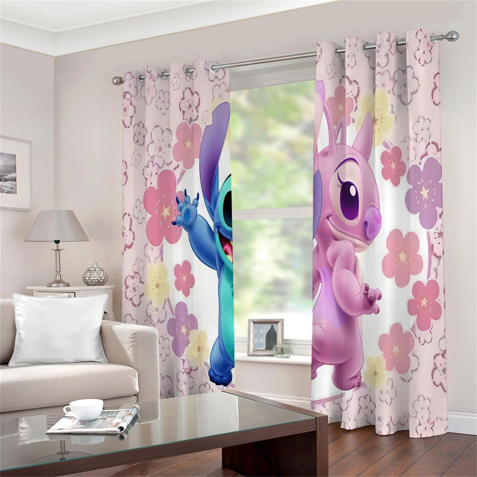 Cortinas opacas estampadas de Anime para sala de estar, dormitorio, cocina, hogar, 100% poliéster, Stitch