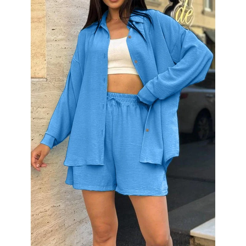 Dames Amerikaanse stijl los dames effen kleur shirt met lange mouwen effen kleur shorts tweedelig pak