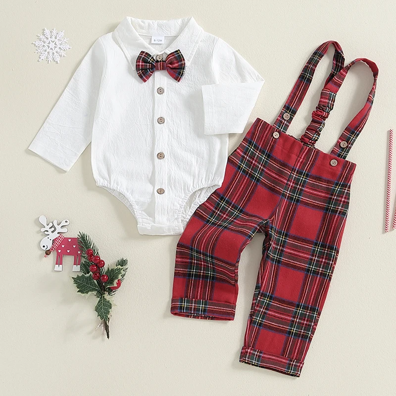 Baby Boy Gentleman Outfit Solid Long Sleeve Lapel Neck Romper with Plaid Suspender Pants and Bow Tie 3 Pcs Set