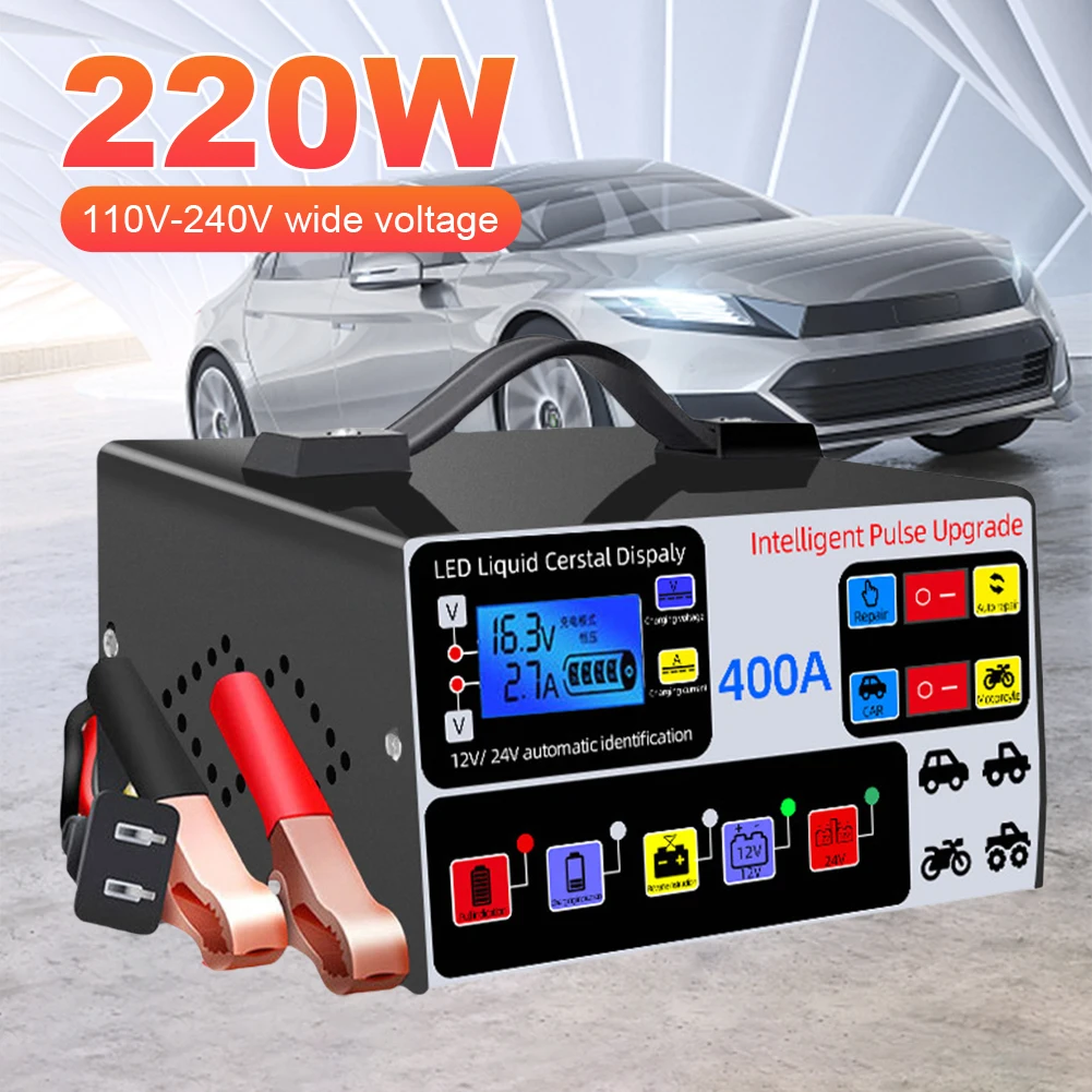 400A Heavy Duty Smart Battery Charger 12V/24V Battery High Power Fast Charger LCD Display Intelligent Pulse Repair Charger 220W