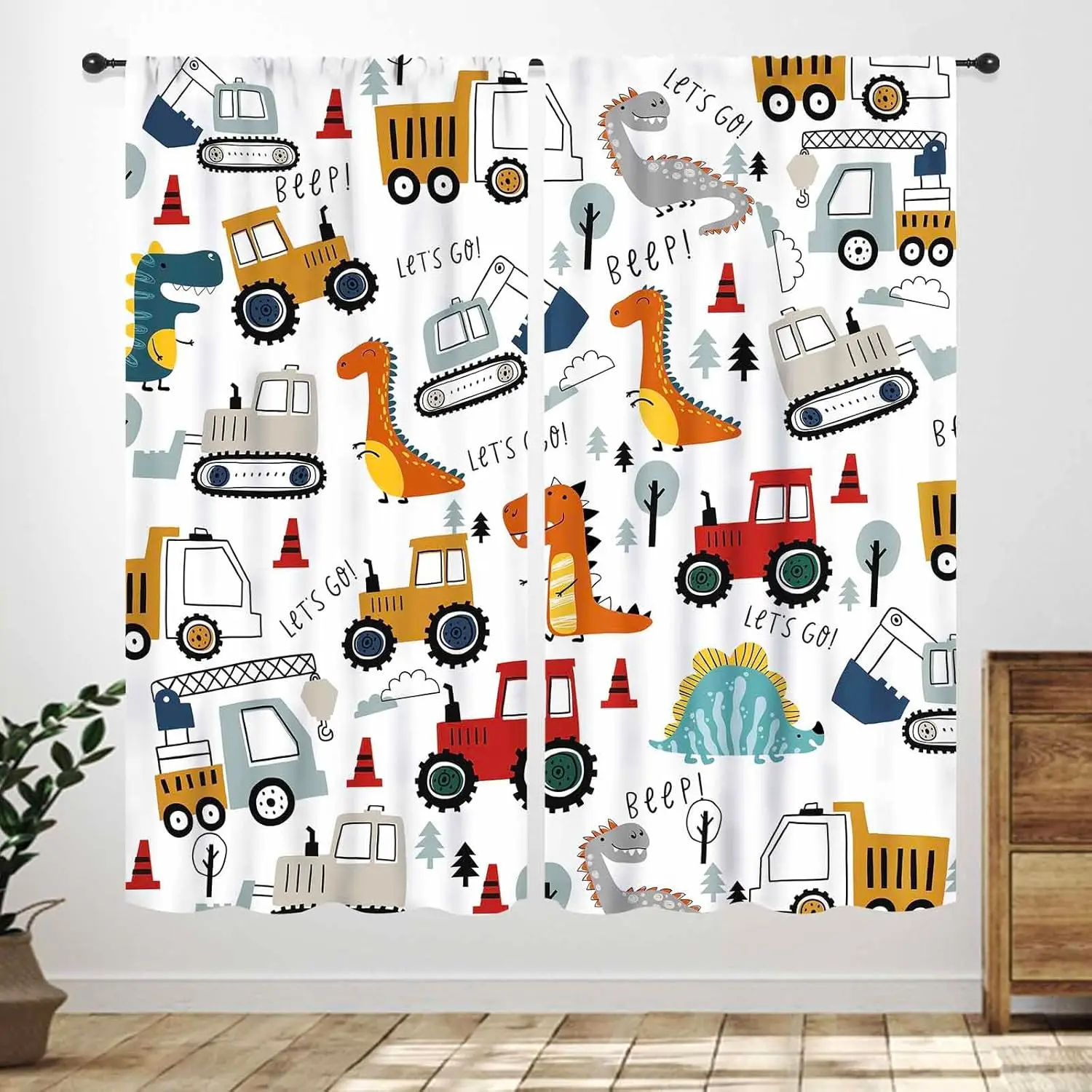 Cartoon Dino Truck Curtain Panels 2 Pack, Mix Excavator Tractor Dinosaur Traffic Sign Clean White Background for Nursery Balcony