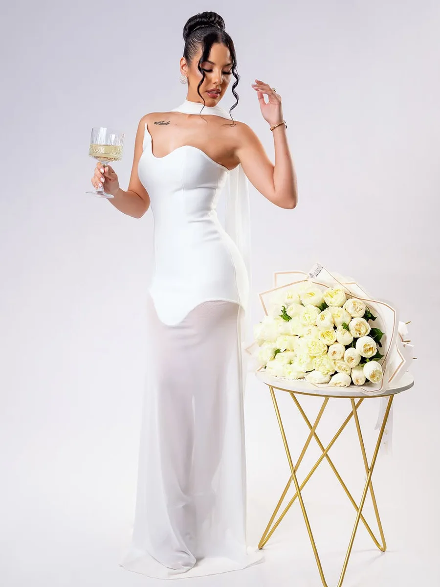 

2025 Women Celebrity Sexy Strapless Mesh Patchwork Transparent White Dress Evening Stage Performance Dress Vestido
