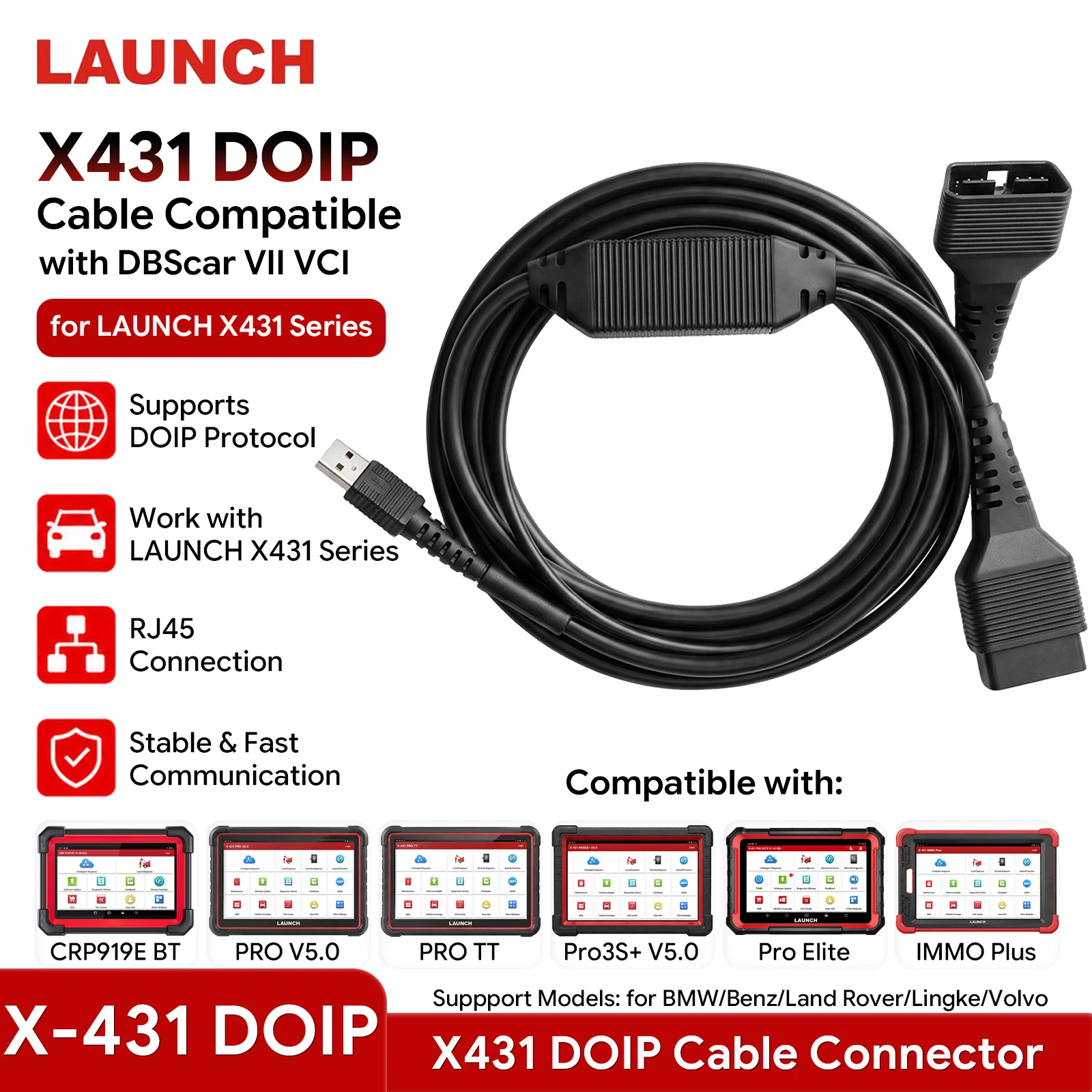 LAUNCH X431 DOIP Cable Connector 16 Pin Adapter Support DOIP Protocols Cars for CRP919E BT Pro3S+ V5.0 DBScar VII Pro TT