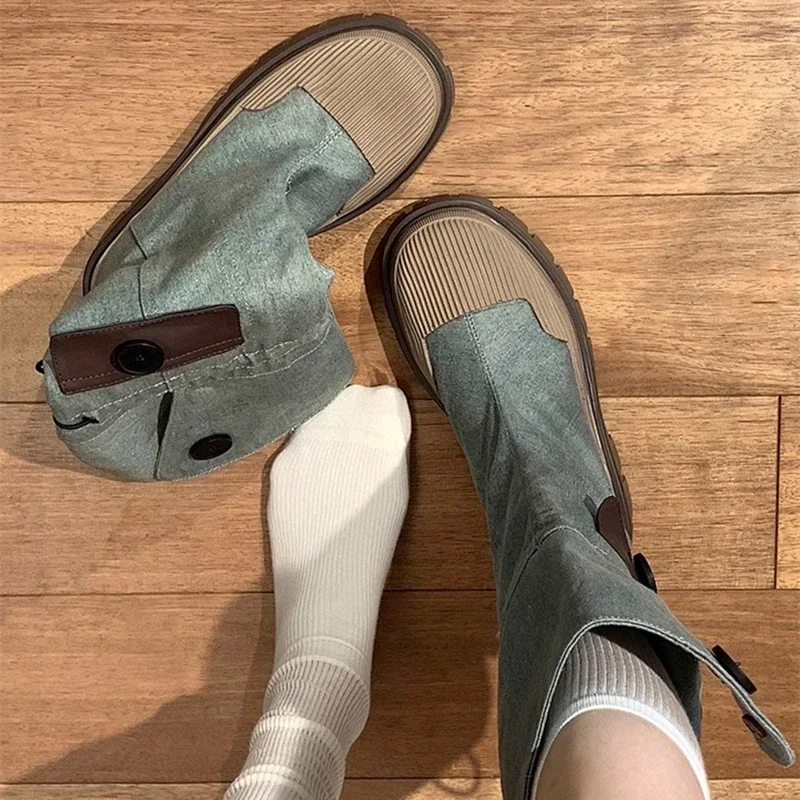 2024 Fashion Slip on Thick Heel Long Booties Autumn Winter Women Western Cowboy Boots  Retro Style Female Denim Shoes Size 35-40