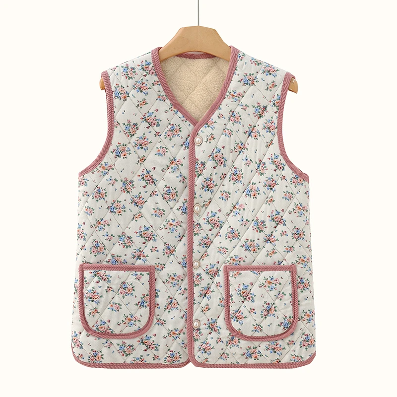 سترة دافئة جديدة مبطنة بالصوف للنساء في منتصف العمر والشتاء سترة ماترني من ألياف البوليستر مطبوعة للخريف والشتاء