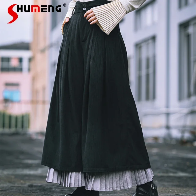 

New Chinese Double-layer Pleated Wide-leg Culottes Women's Black National Style High-waisted Thin Pants Y2k Clothes Trousers