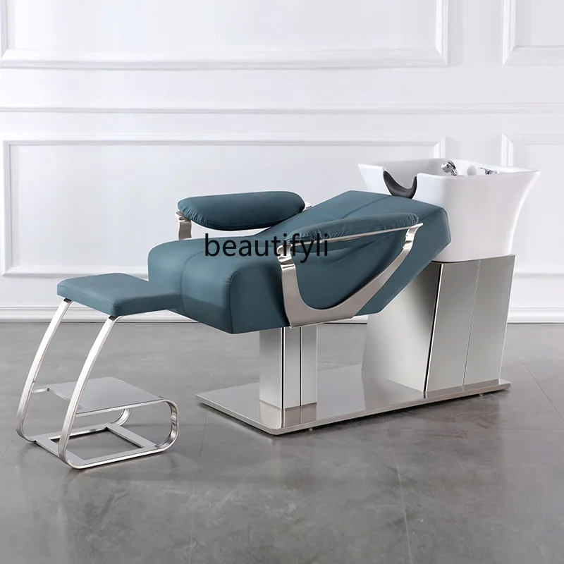 Barber Shop Shampoo Chair for Hair Salon Lying Half Ceramic Basin Thai Head Massage Therapy Bed Stainless Steel Flushing Bed