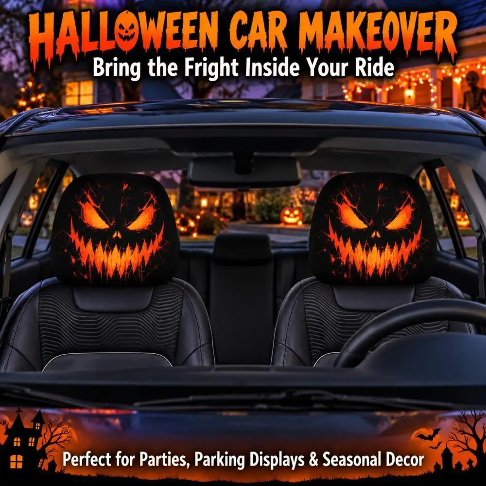 2Pcs Halloween Evil Pumpkin Face Car Headrest Covers Scary Glowing Pumpkin Print Spooky Interior Decor
