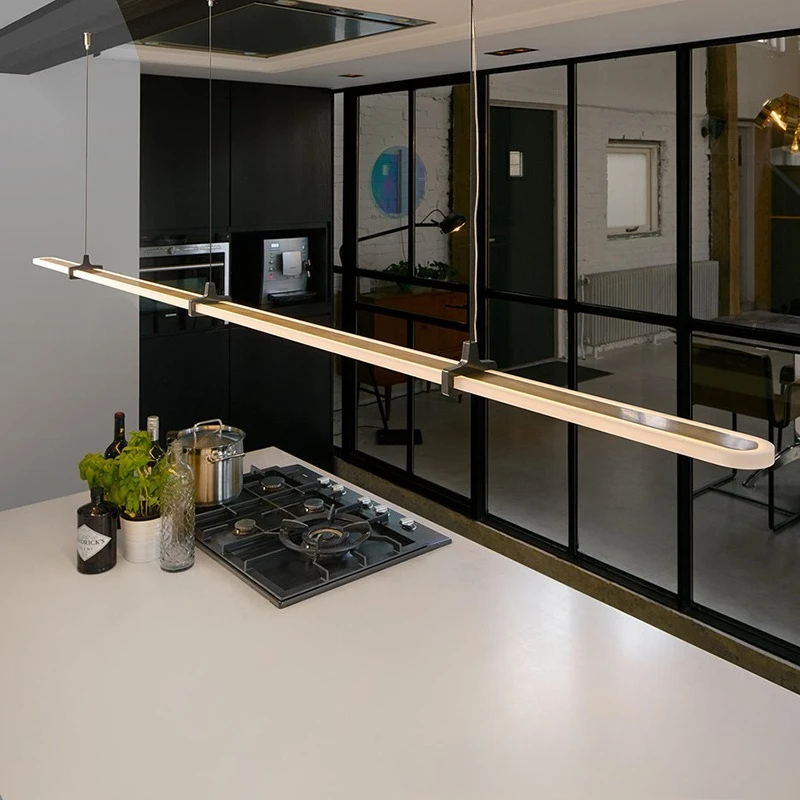 Modern Minimalist Living Room Pendant Light Long Strip Creative Restaurant Bar Counter LED Hanging Lamp White Home Lighting