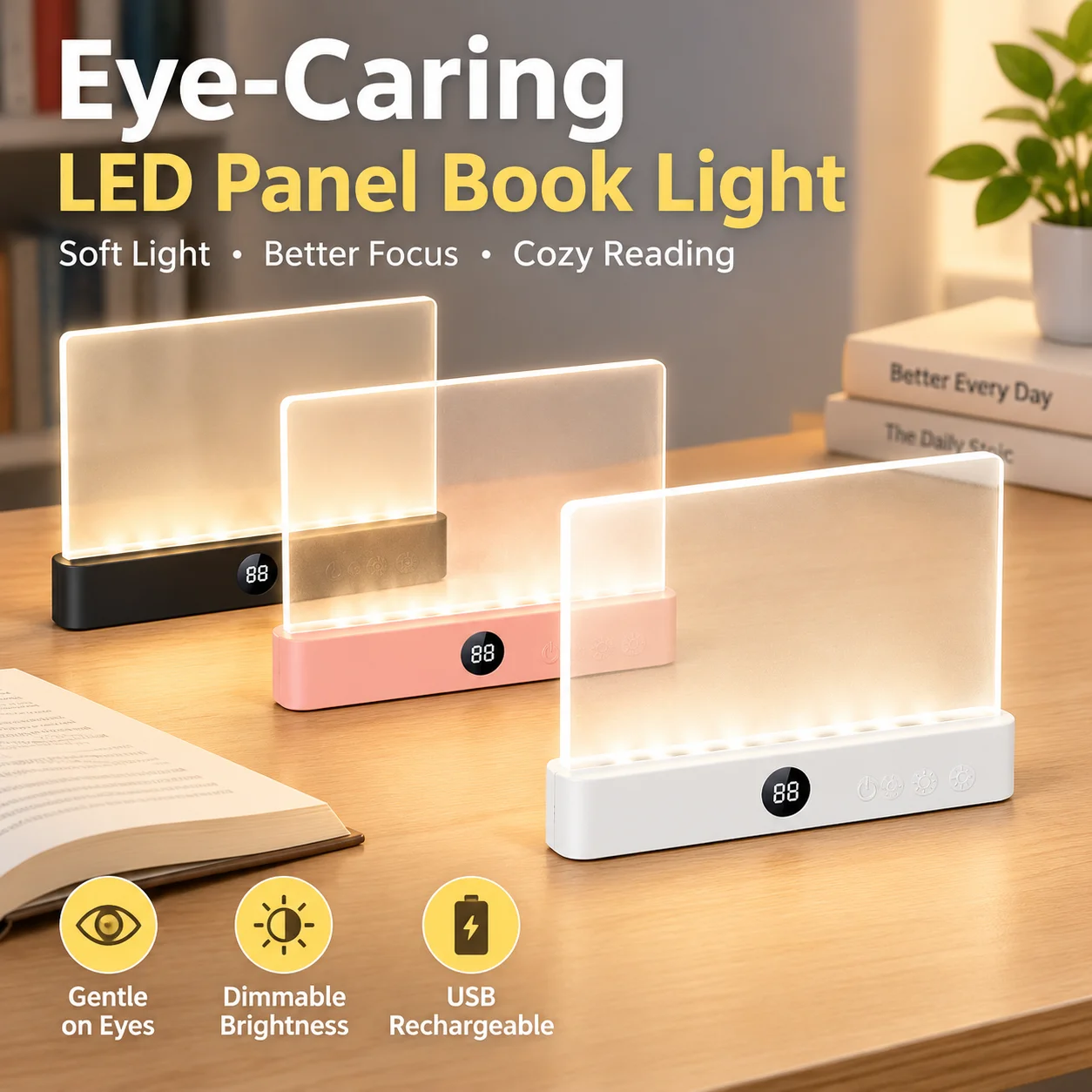 Eye-Caring LED Panel Book Light USB Rechargeable Dimmable Portable Reading Lamp for Students Night Reading Indoor Desk Use