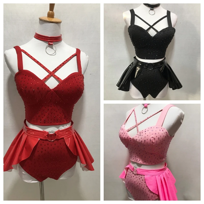 

Nightclub Bar Singer Lead Dance Jazz Pole Dance Stage Wear Sexy Ultra Dense Shiny Diamond Split Neck Collar+Top+Shorts+Skirt Set