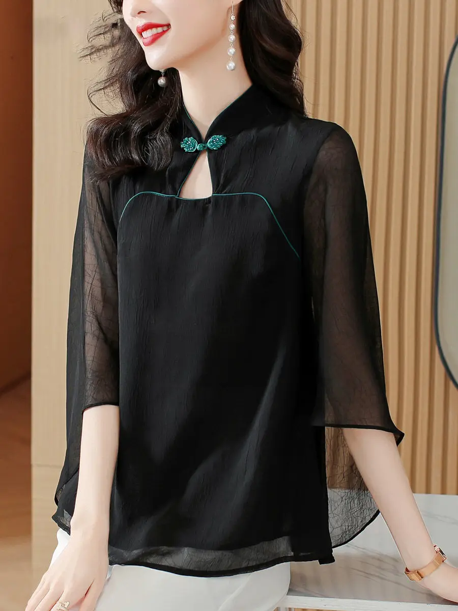 New Chinese Style Improved Cheongsam Five-point Sleeve Chiffon Shirt Top for Women's Summer New Pullover