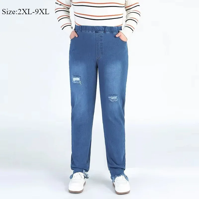 Plus Size 9XL 8XL 7XL Stretched Ripped Jeans Women 140KG Female Slim Fit High Waist Scratched Pencil Denim Trousers Black Pants