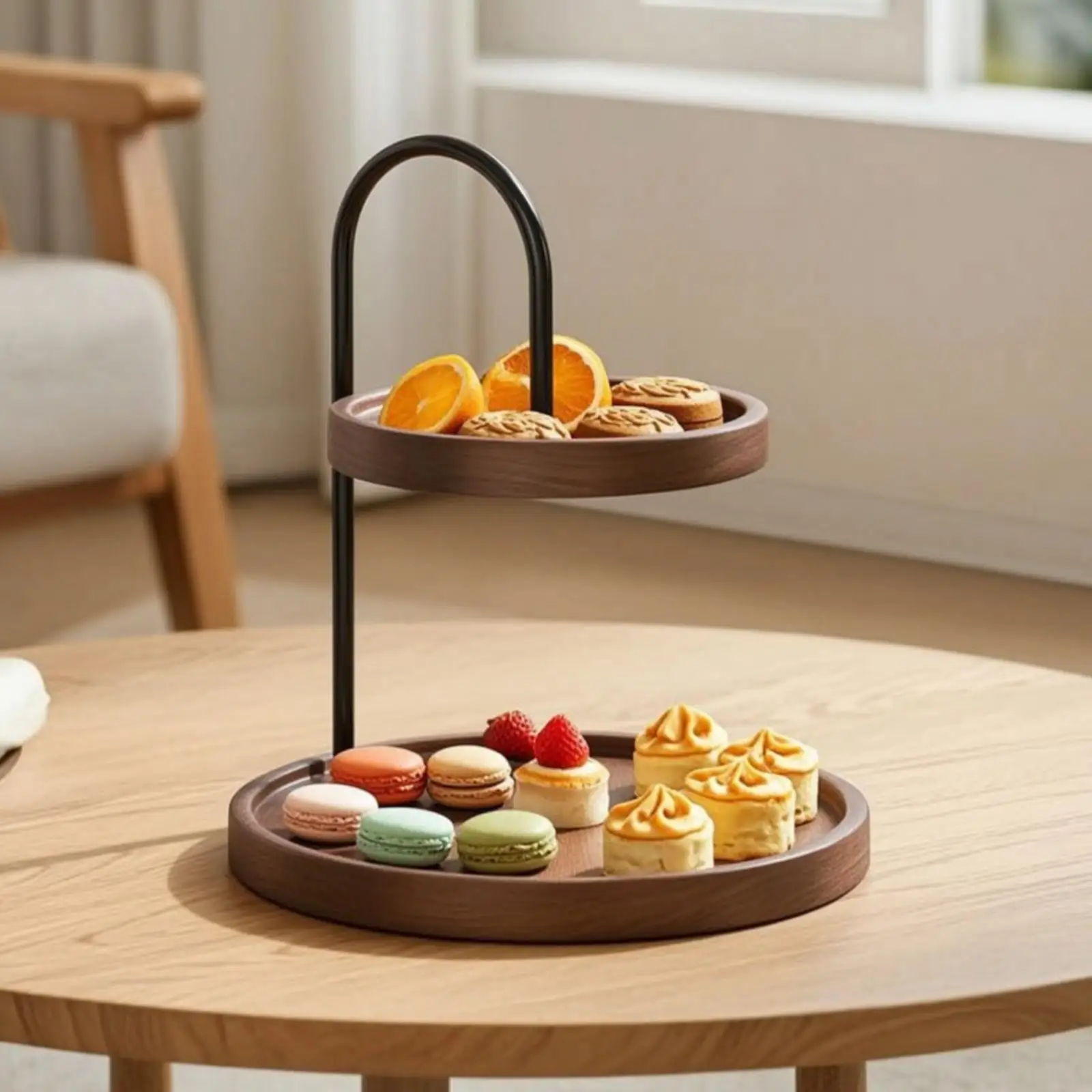 Rubber Wood Tray with Metal Frame Round Double-Layer Wooden Tray Arched Desk Organizer with Metal Frame for Dresser, Entryway,