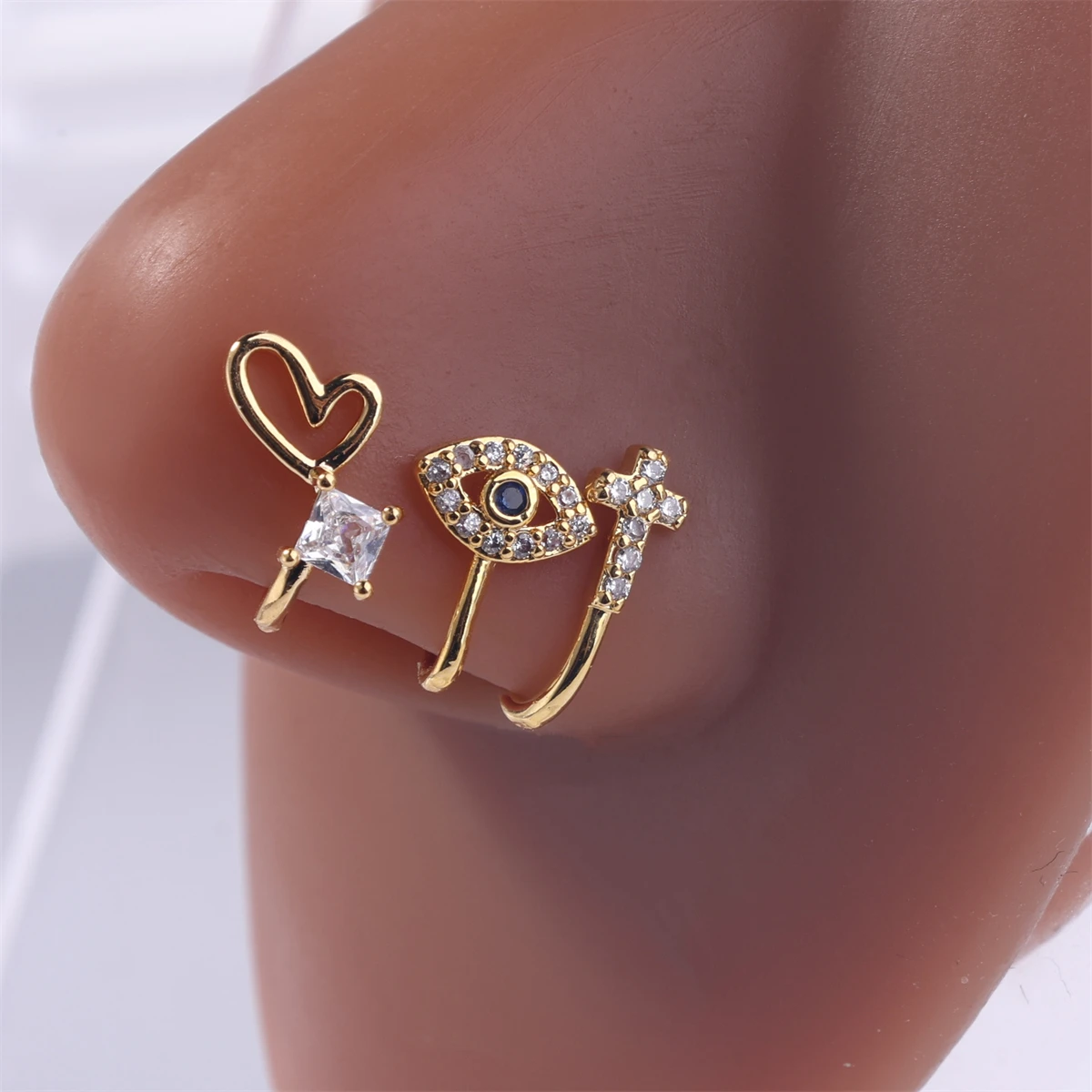 Women's Fashion Love Cross Shaped Nose Clip Set Shiny Artificial Crystal Zircon Fake Nose Ring Non Perforated Gift Girls Jewelry