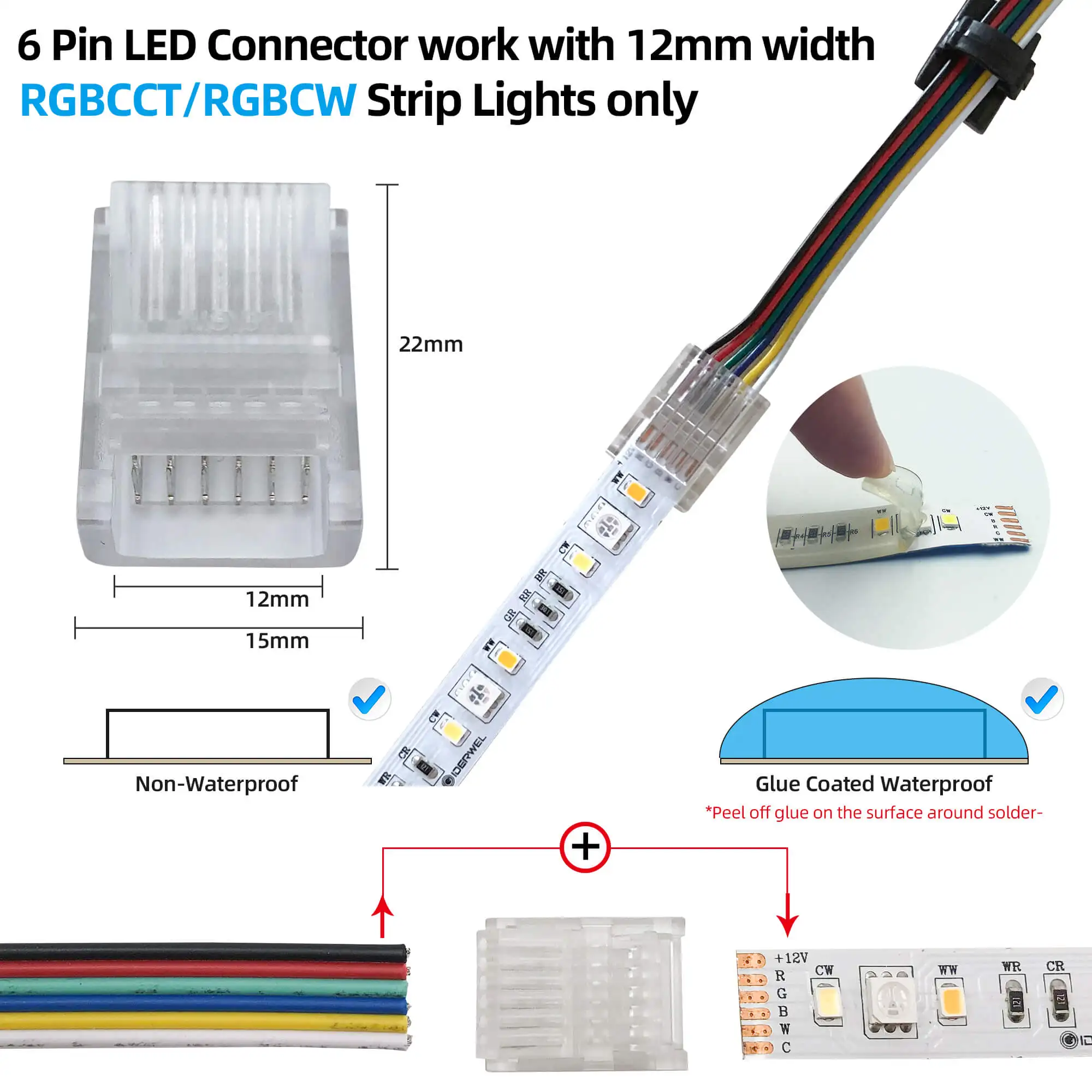 RGBCCT 6 Pin LED Strip Connectors with Extension Cable 6 Pack 12mm LED Strip RGBCW to Wire Solderless Transparent Track Lighting