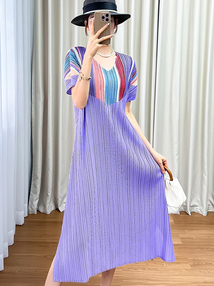 

Elegant High Waist A-Line Dress Color Block Pleated Women's Clothing Summer High Quality Simple Style Polyester Fiber Dress
