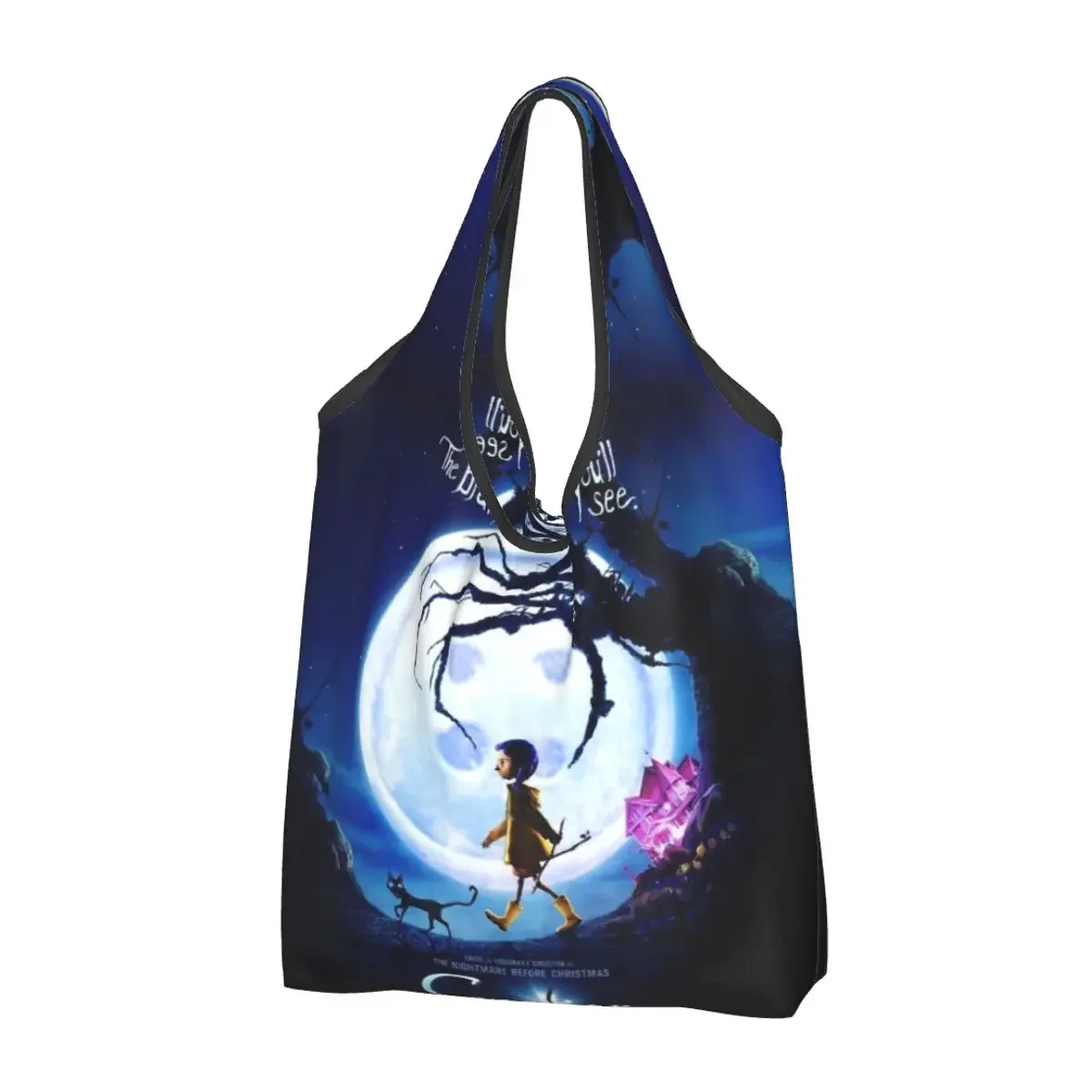 Custom Fashion Printed Halloween Horror Movie Coraline Tote Shopping Bag Portable Shoulder Shopper Handbag