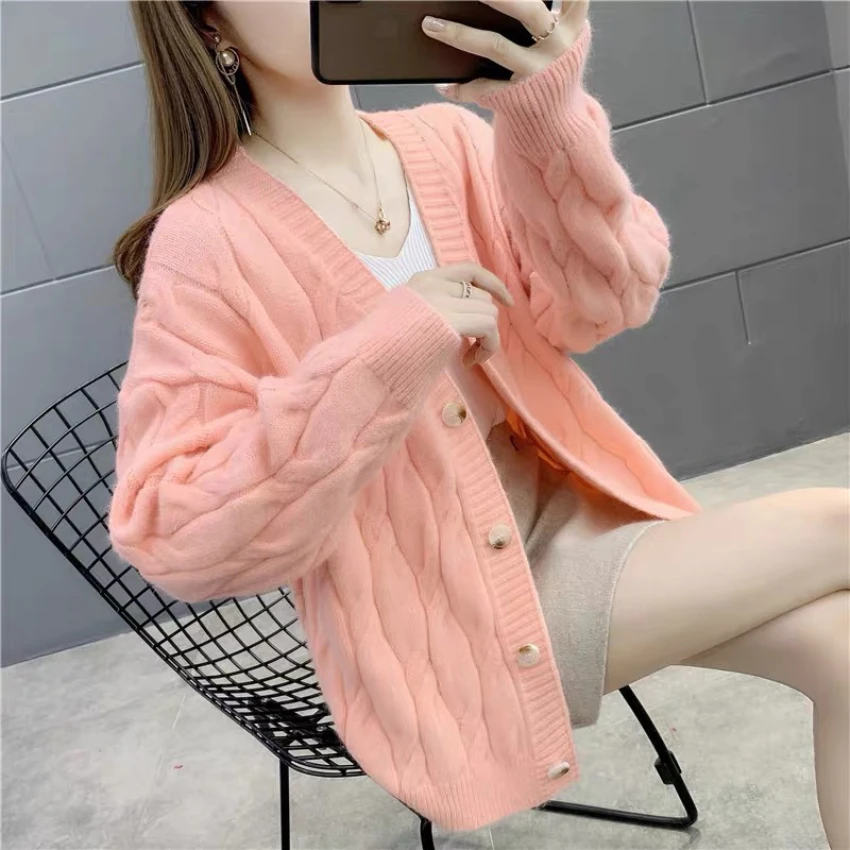 Spring Clothes Thickened Fried Dough Twist Knitting Cardigan Women\'s Sweater Loose Wear New Autumn and Winter Coat Top