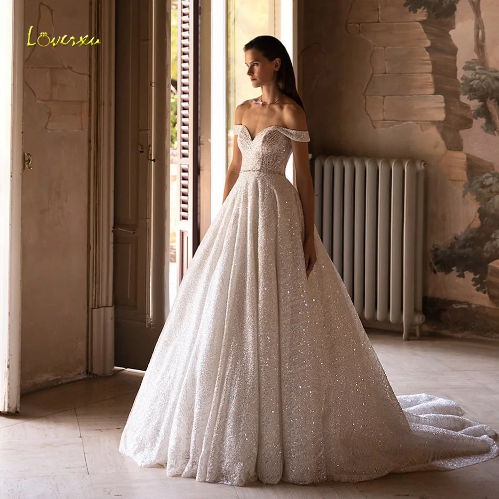 Loverxu A-Line Luxury Wedding Dresses Sweetheart Off The Shoulder Robe De Mariee Lace Sequined Glitter Custom Made Bridal Gown
