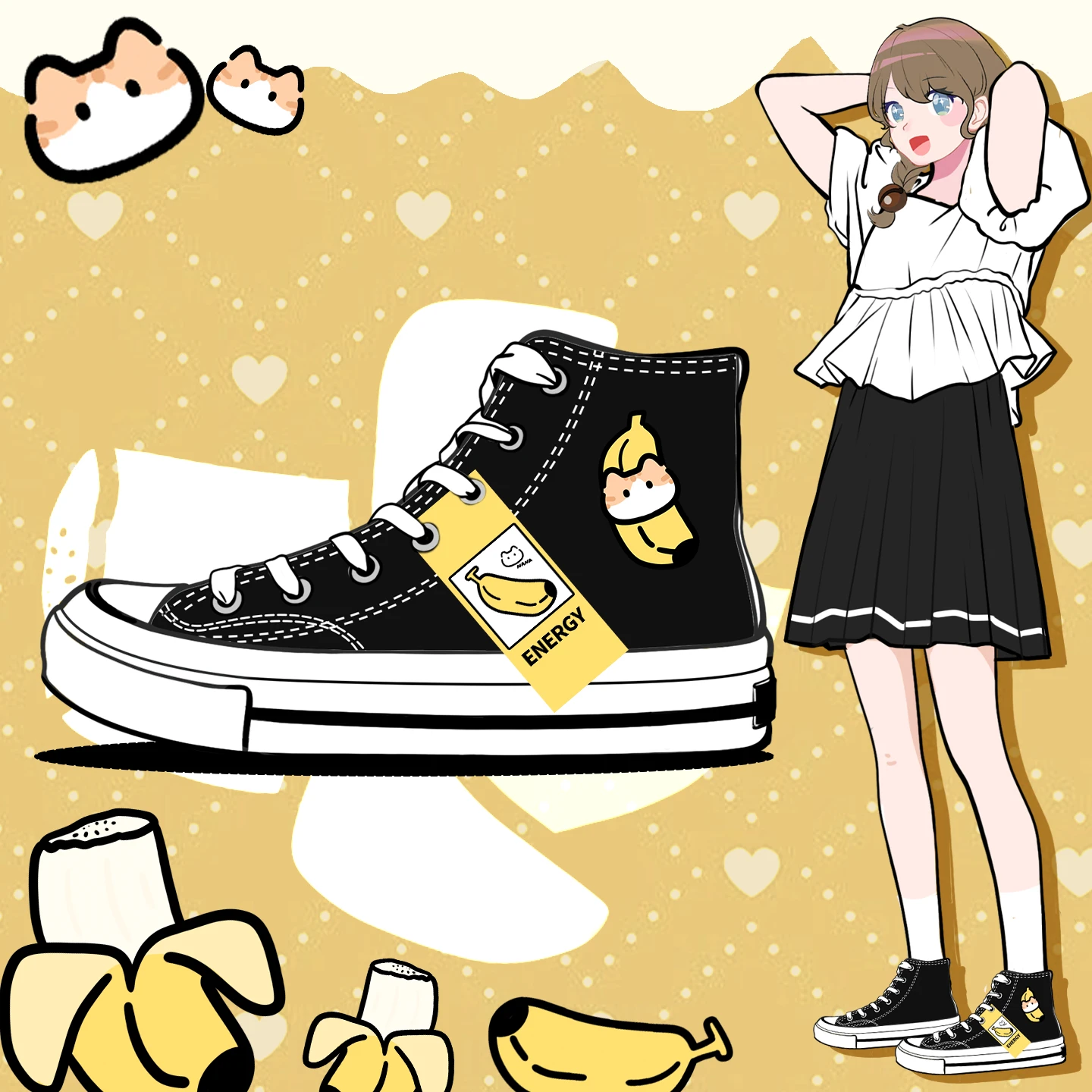

Amy and Michael Original Design Cute Women Canvas Vulcanized Shoes Lovely Girls Students High Top Black Casual Sneakers