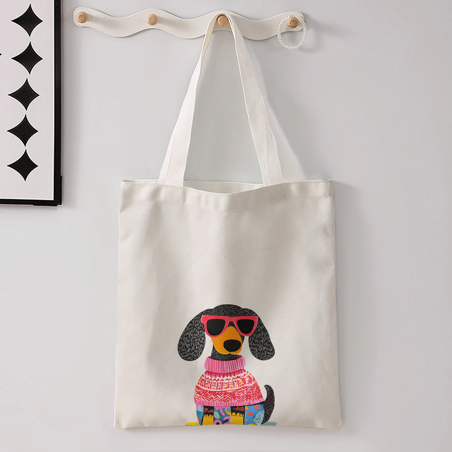 Dachshund Dog Wearing Pink Sunglasses And Knit Sweater Print Tote Bag Large Shoulder Handbag For Shopping Daily Commute