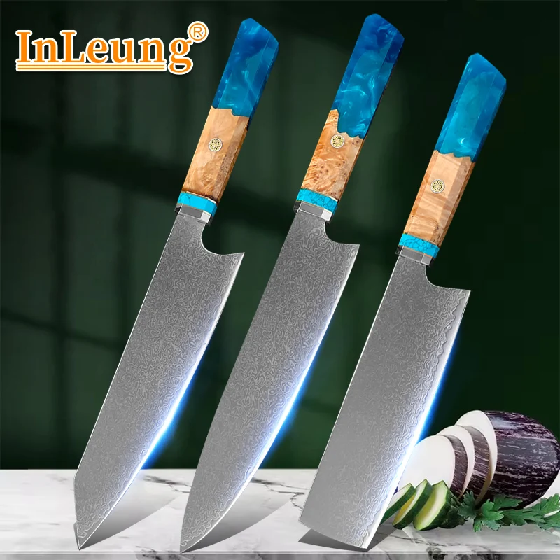 VG10 Damascus Steel Chef Knife Blue Resin Wood Handle Ultra Sharp Slicing Knife Cutter for Meat Vegetables Kitchen Cooking Tools